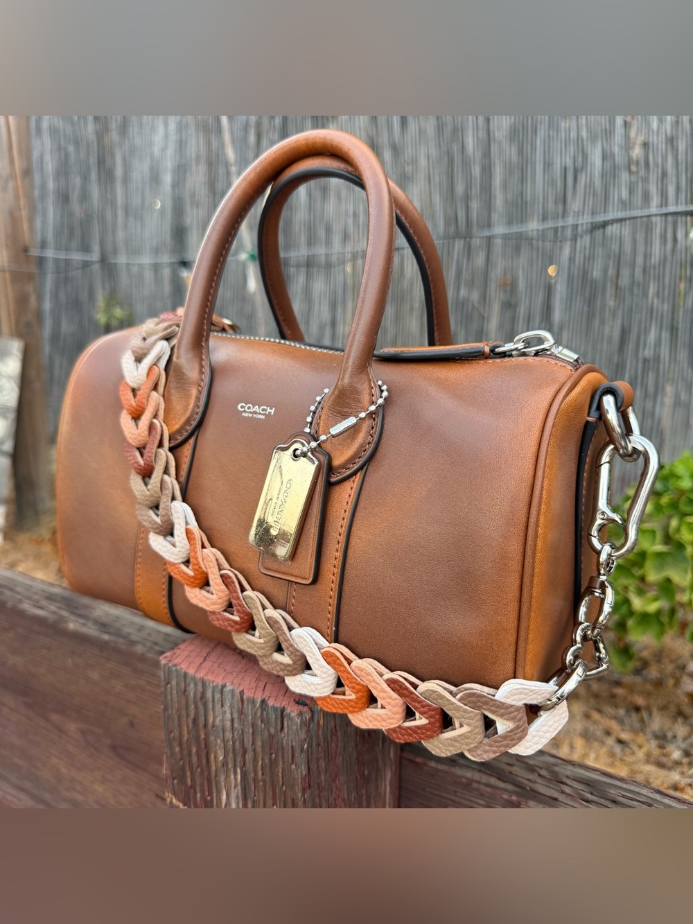 Novelty Strap| Bag Strap| Pebbled Leather Neutral Rainbow Chain| Heart Shaped - Picture 2 of 4